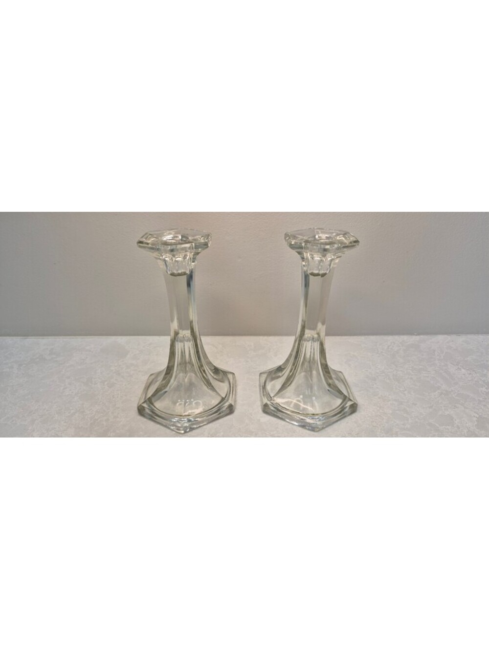 Vintage Clear Glass Taper Candlestick Holders Pair Art Deco Hexagon Base 7.5 In
